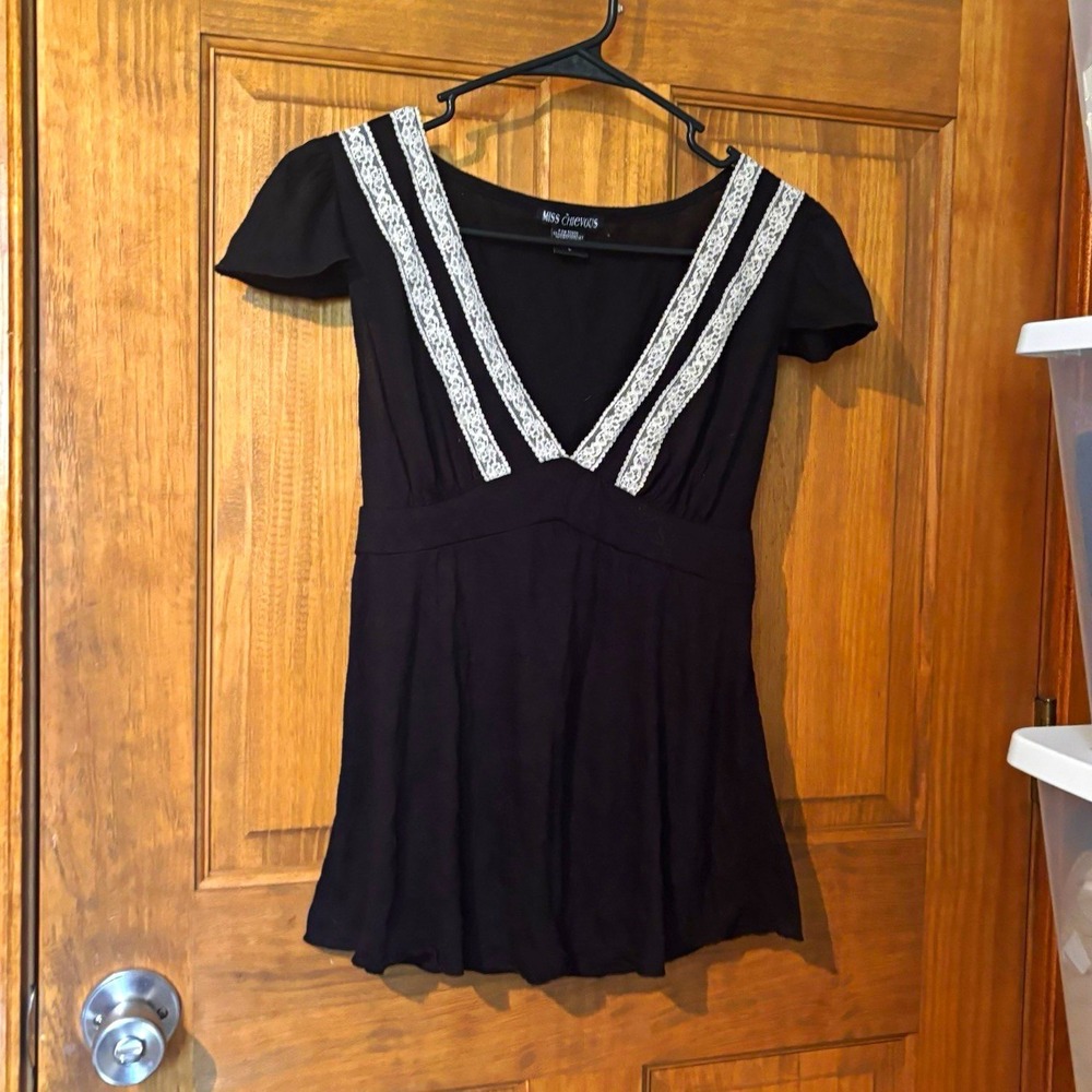 VTG Miss Chievous Black Lace Trim Babydoll Top Empire Waist Coquette Goth L